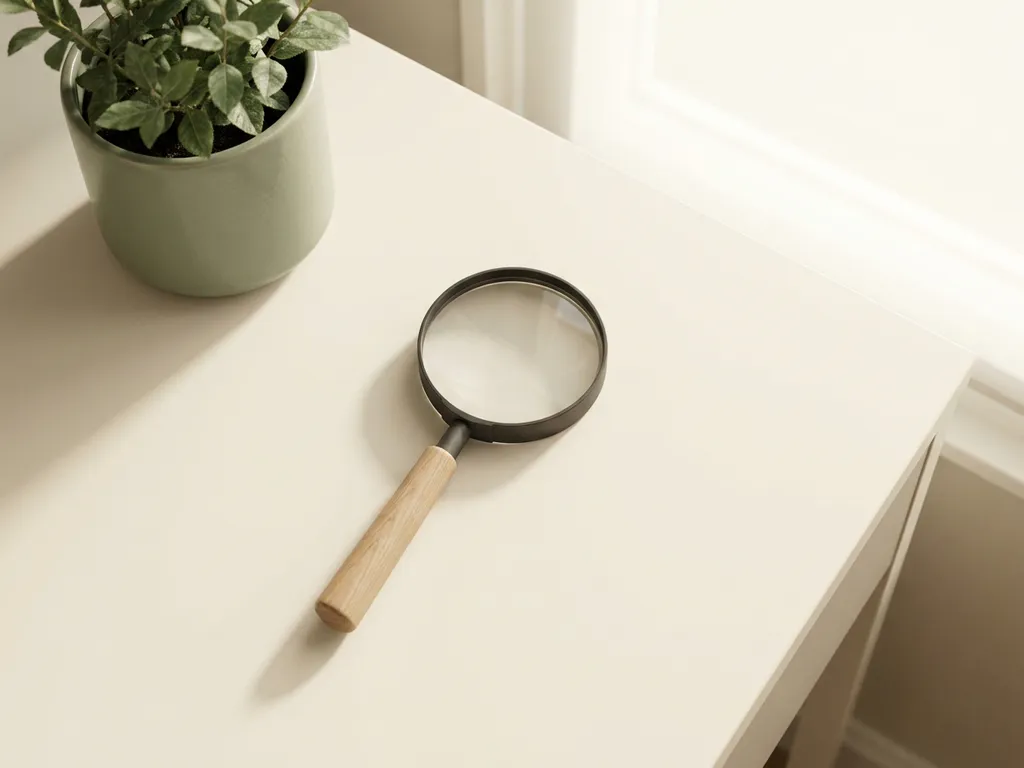 Vergrootglas op wit bureau naast kleine groene plant, gefotografeerd van bovenaf in zacht ochtendlicht.