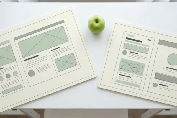 Twee minimalistische website wireframe boards op een wit bureau met een groene appel ertussen, bovenaanzicht in zacht daglicht.