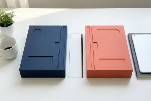 Twee geometrische blokken in marineblauw en koraalrood op wit bureau, symboliseren vergelijking van websitebouwers.