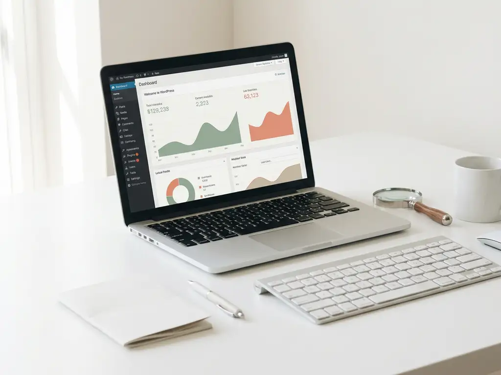 WordPress-dashboard op minimalistisch wit bureau met vergrootglas naast toetsenbord, rustig ochtendlicht, plat bovenaanzicht.
