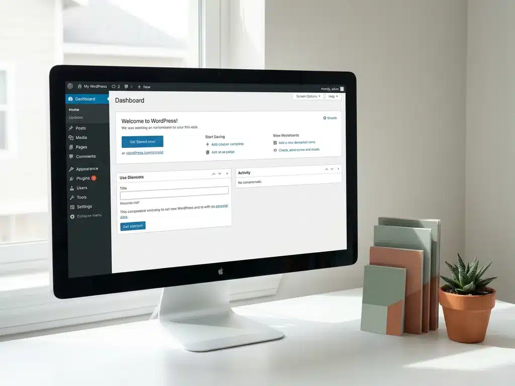 WordPress-dashboard op minimalistisch wit bureau met geometrische cursuskaarten, vetplant en zacht natuurlijk raamlicht.