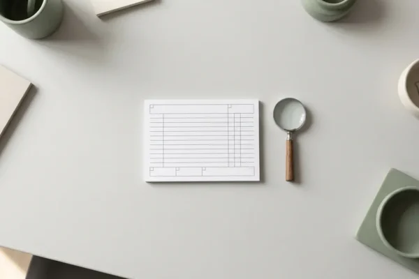 Witte indexkaart met geometrisch raster en vergrootglas op lichtgrijs bureau, minimalistische planoverzicht compositie.