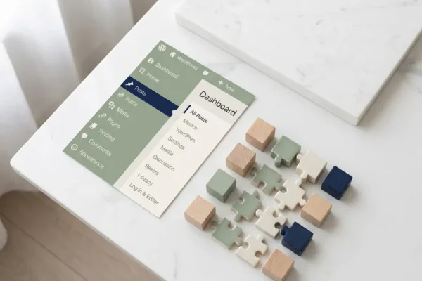 WordPress-dashboard op wit bureau met geometrisch gerangschikte bouwblokjes in salie groen en marineblauw tinten.