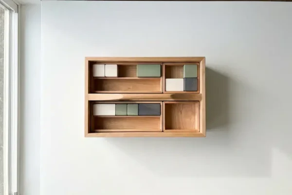 Houten gereedschapskist met modulaire vakjes en geometrische blokken op wit bureau, bovenaanzicht in natuurlijk licht.