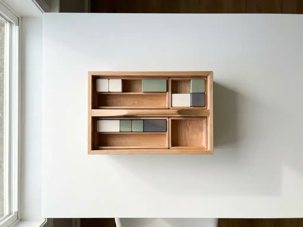 Houten gereedschapskist met modulaire vakjes en geometrische blokken op wit bureau, bovenaanzicht in natuurlijk licht.