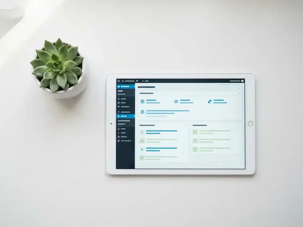 WordPress dashboard navigatiepaneel op wit bureau met hiërarchisch menu, blauwe accenten en klein vetplantje.