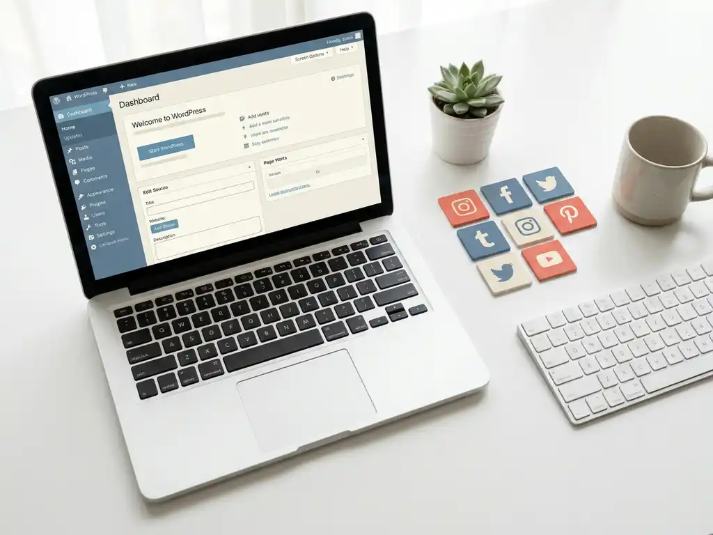 WordPress-dashboard op minimalistisch wit bureau met sociale media-iconen en draadloos toetsenbord, bovenaanzicht.