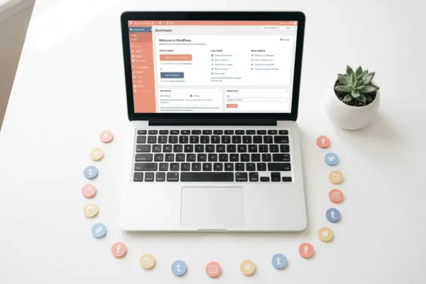 WordPress-dashboard op wit bureau met pastelkleurige social media-iconen in geometrische boog en een vetplant in zacht daglicht.