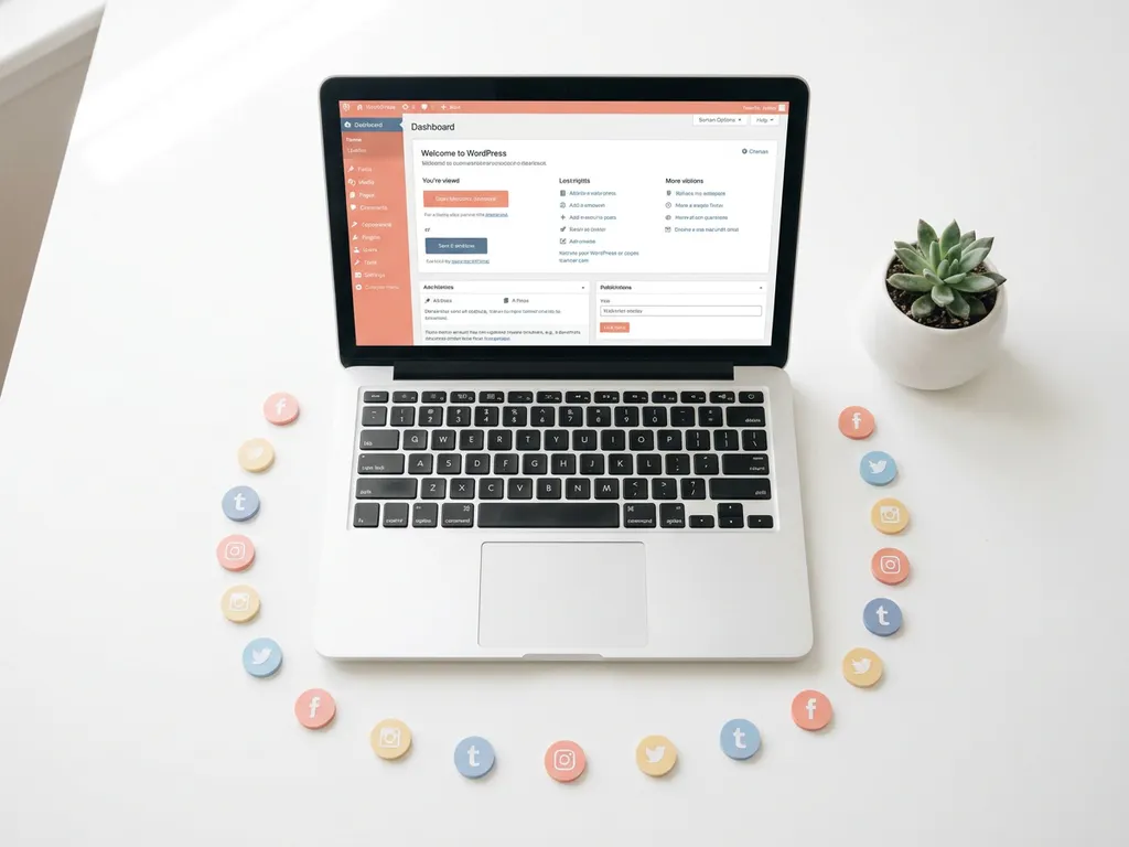WordPress-dashboard op wit bureau met pastelkleurige social media-iconen in geometrische boog en een vetplant in zacht daglicht.