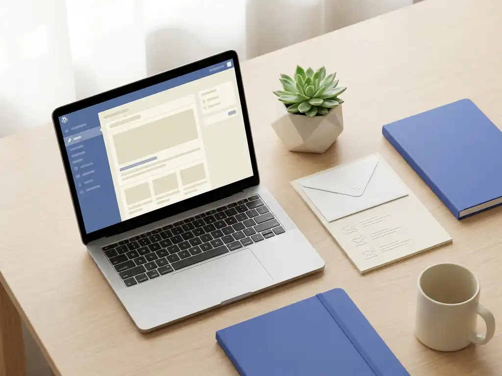 Laptop met WordPress-dashboard naast een witte envelop op een modern bureau, met een succulent en subtiele e-mailsymbolen in warme daglichtsfeer.
