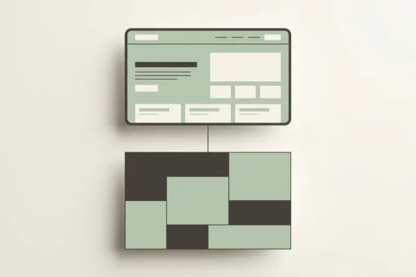 Minimalistische websitewireframe met gescheiden frontend- en backendlagen verbonden door een dunne lijn, in salie groen en warm houtskool.