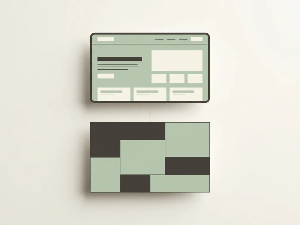 Minimalistische websitewireframe met gescheiden frontend- en backendlagen verbonden door een dunne lijn, in salie groen en warm houtskool.