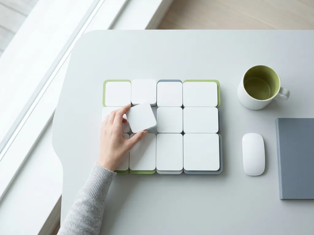 Hand die een modulair wit blok herpositioneert op een strak bureauoppervlak, symboliseert WordPress page builder functionaliteit.