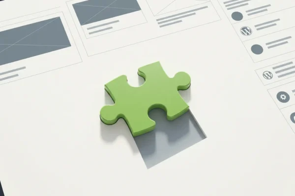 Groen puzzelstuk dat naadloos aansluit op een wit WordPress-dashboard oppervlak, minimalistisch bovenaanzicht met zachte schaduwen.