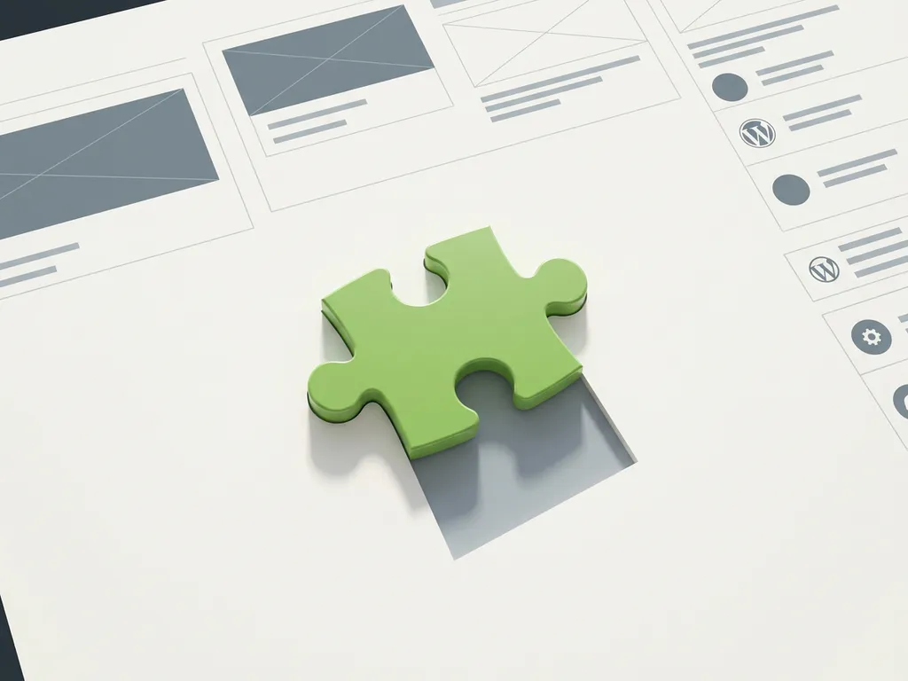 Groen puzzelstuk dat naadloos aansluit op een wit WordPress-dashboard oppervlak, minimalistisch bovenaanzicht met zachte schaduwen.