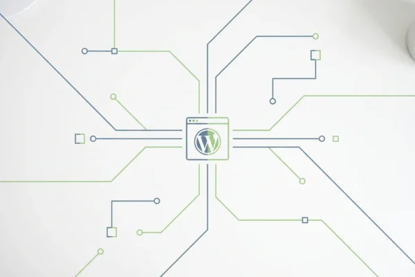Geometrisch netwerk van lijnen verbindt serverknopen rond een WordPress-venster icoon op wit vlak in leisteen blauw en appelgroen.