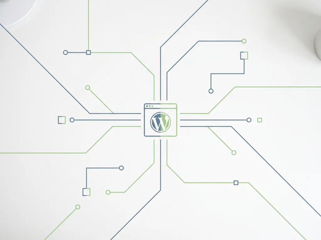 Geometrisch netwerk van lijnen verbindt serverknopen rond een WordPress-venster icoon op wit vlak in leisteen blauw en appelgroen.