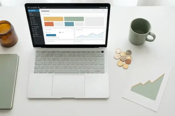 Laptop met WordPress-dashboard op wit bureau, naast euromunten en een stijgende grafiek op mat papier.