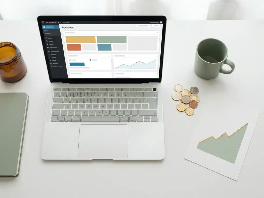 Laptop met WordPress-dashboard op wit bureau, naast euromunten en een stijgende grafiek op mat papier.