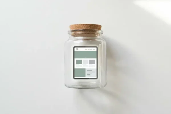 Miniatuur WordPress-websitemockup in een glazen pot met kurken deksel op een wit bureau, bovenaanzicht.