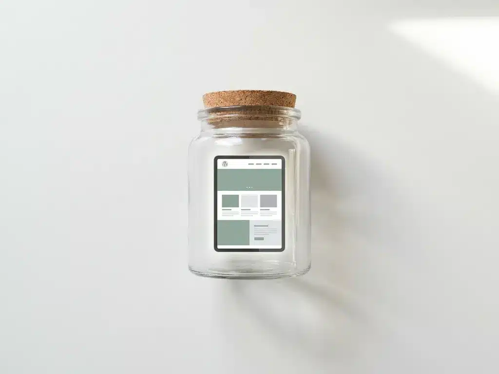 Miniatuur WordPress-websitemockup in een glazen pot met kurken deksel op een wit bureau, bovenaanzicht.